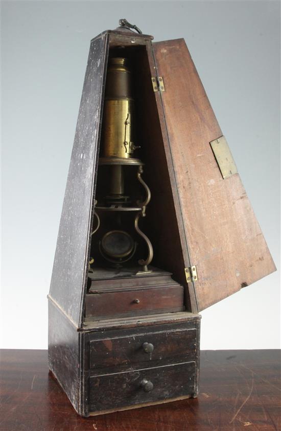 An 18th century Culpepers three pillared microscope, microscope 12.5in., case overall 22.5in.